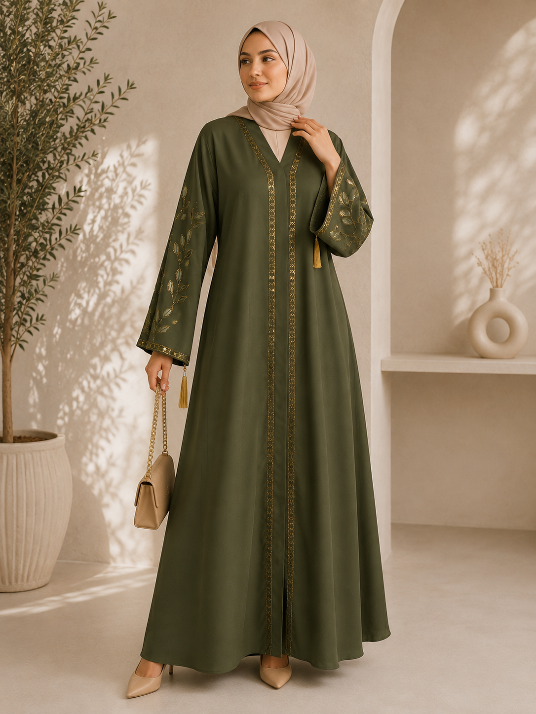 Olive Grace Botanical Embroidered Flare Abaya