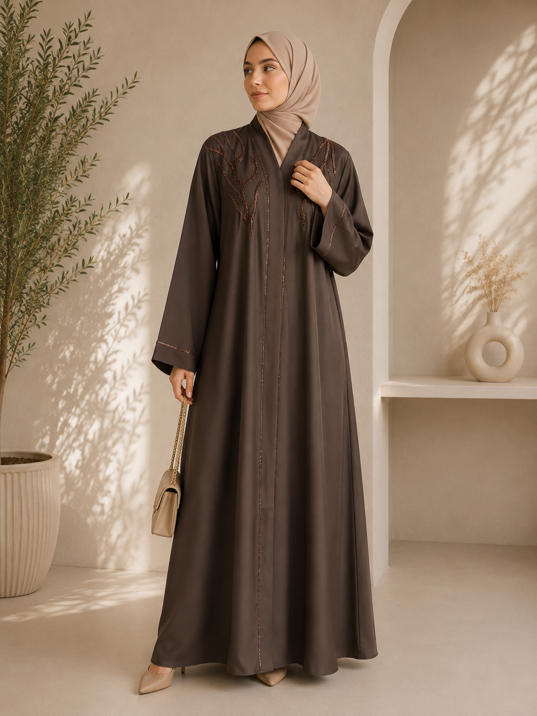 Espresso Vine Luxe Embroidered Modest Abaya
