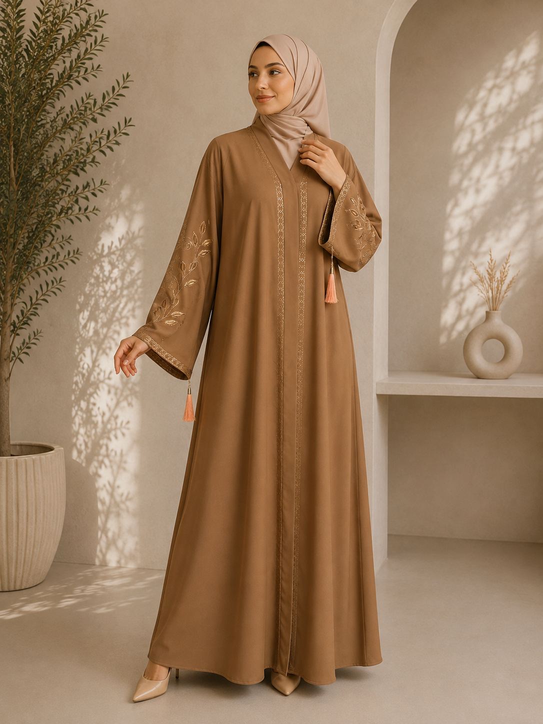 Mocha Bloom Embroidered Sleeve Flare Abaya
