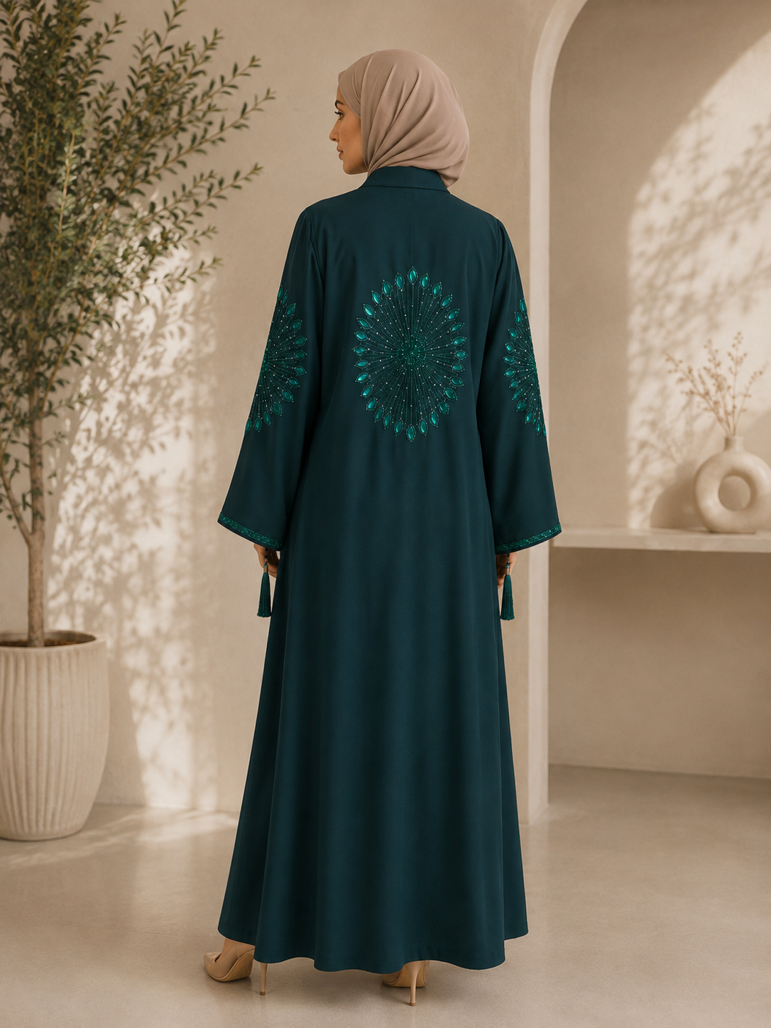 Emerald Noor Turquoise Medallion Embroidered Abaya