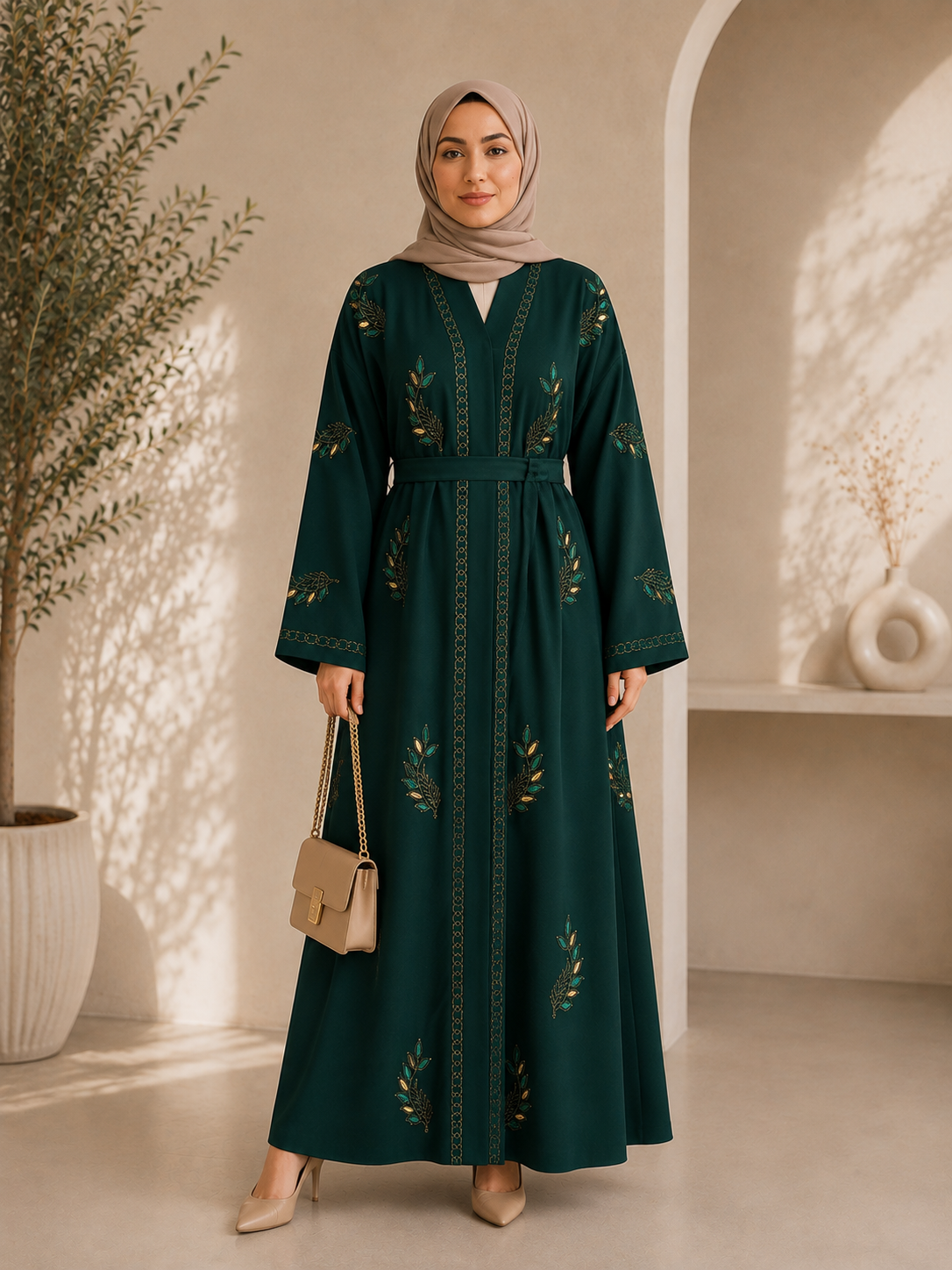 Royal Emerald Gold Embroidered Belted Abaya