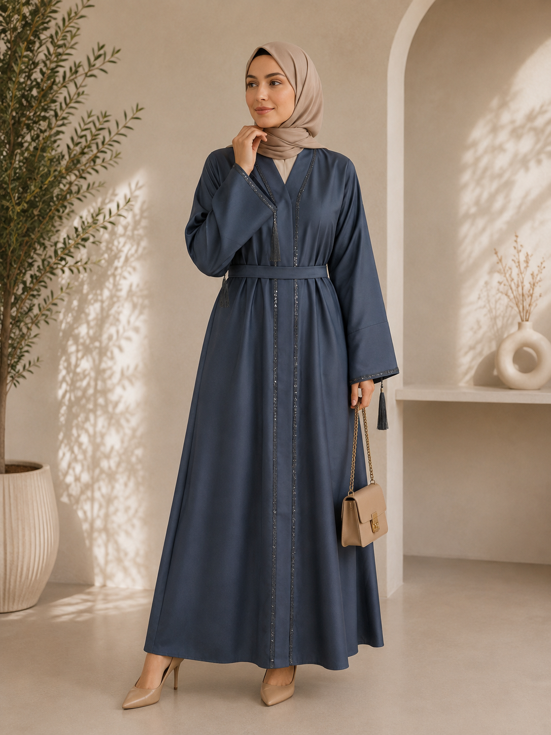 Midnight Blue Classic Embroidered Belted Abaya