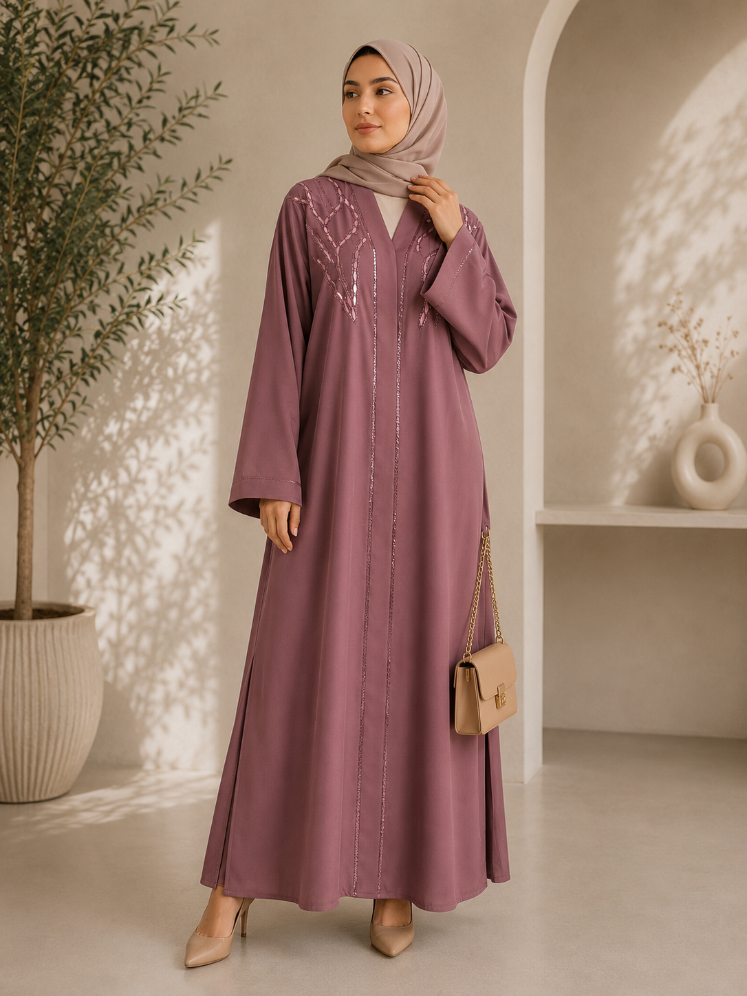 Dusty Rose Blossom Embroidered Abaya
