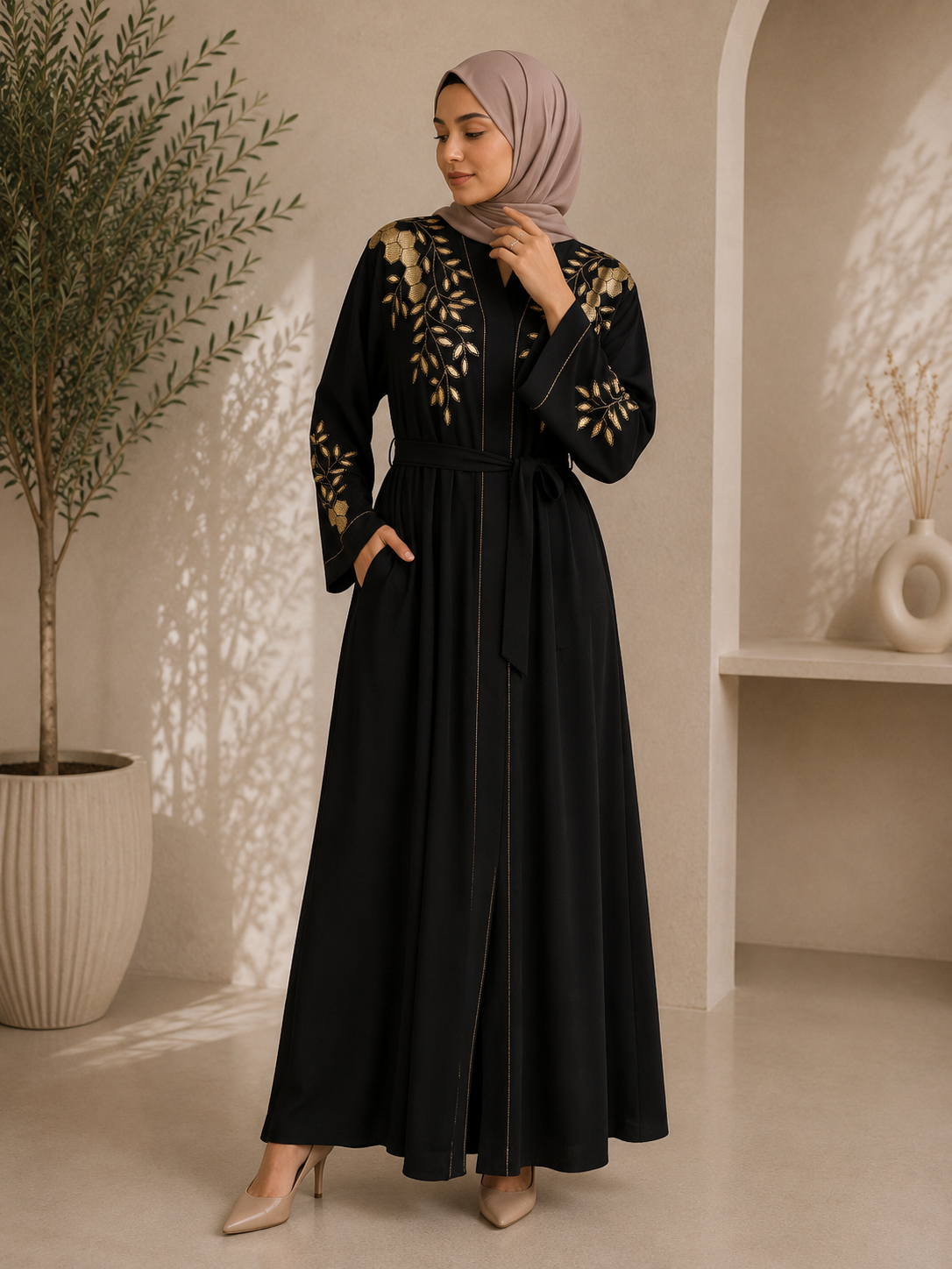 Black & Gold Royal Blossom Embroidered Abaya