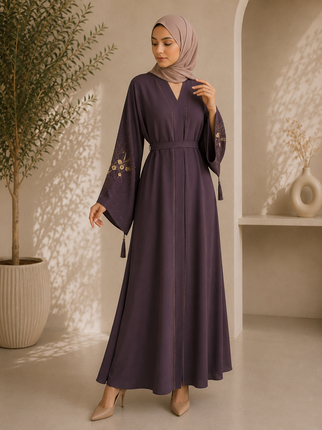 Royal Plum Blossom Embroidered Belted Tassel Abaya