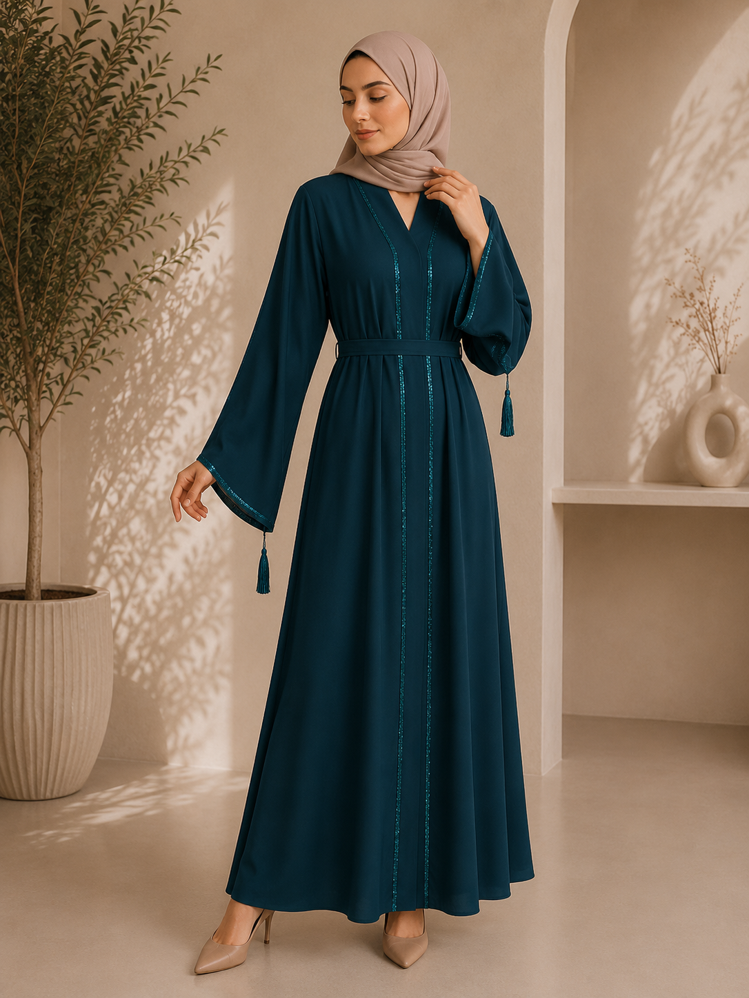 Deep Teal Luxe Vertical Embroidered Belted Tassel Abaya