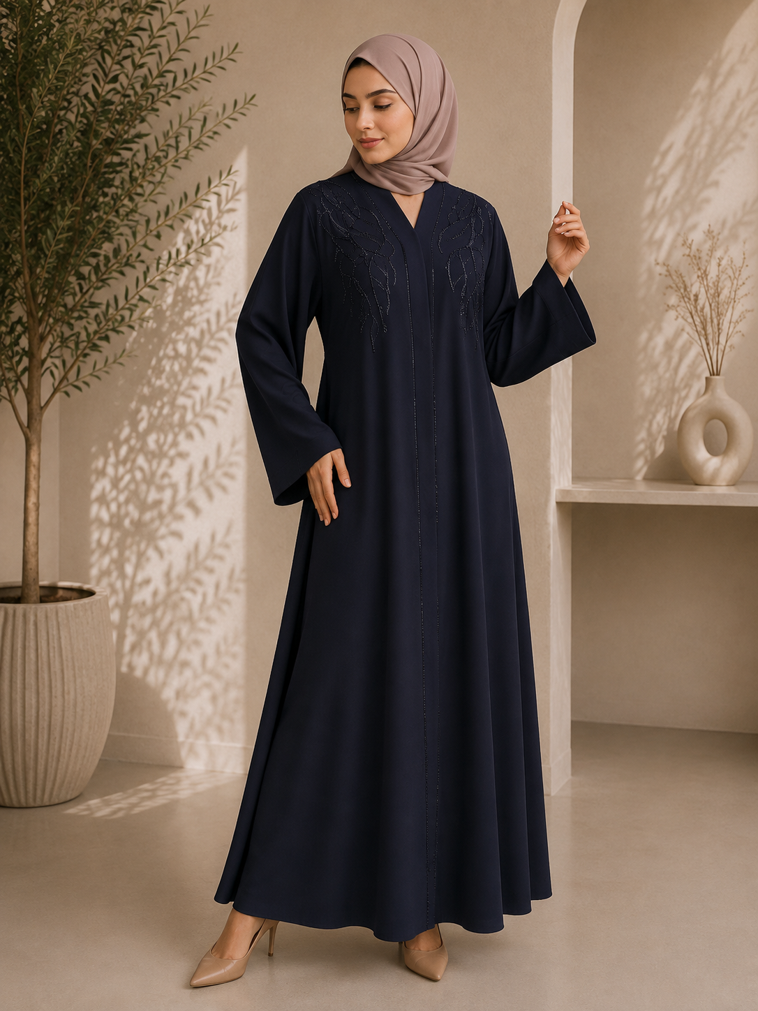 Midnight Navy Whisper Embroidered Flowing Abaya
