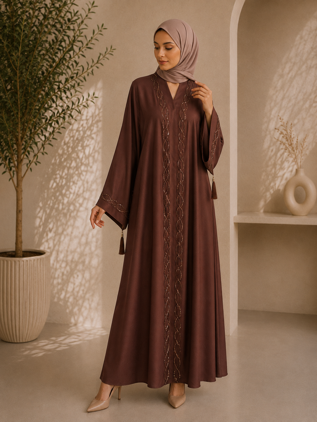 Mocha Vine Tassel Embroidered Abaya