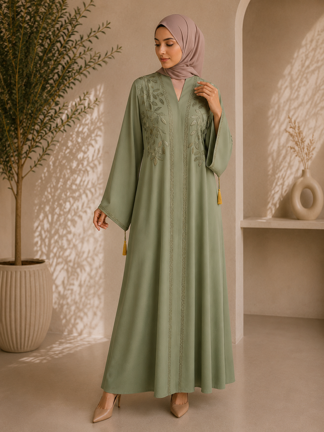 Sage Leaf Garden Embroidered Abaya