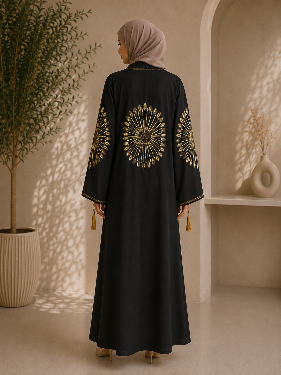 Golden Sunburst Black Embroidered Tassel Abaya