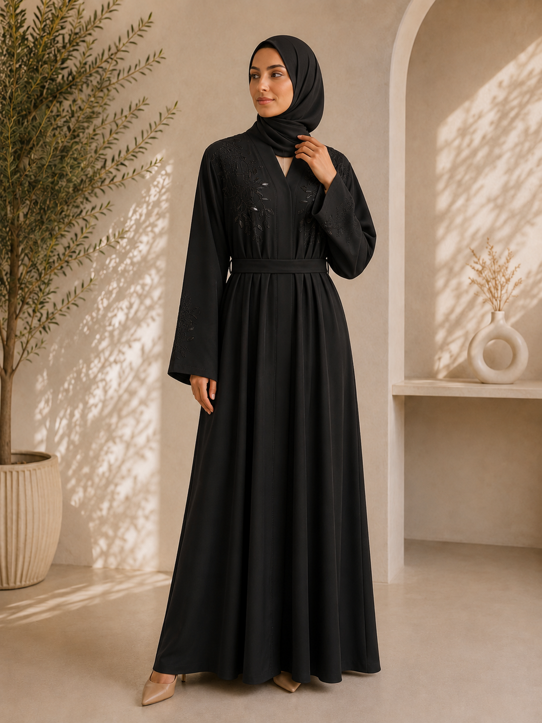 Black Petalwork Embroidered Belted Abaya