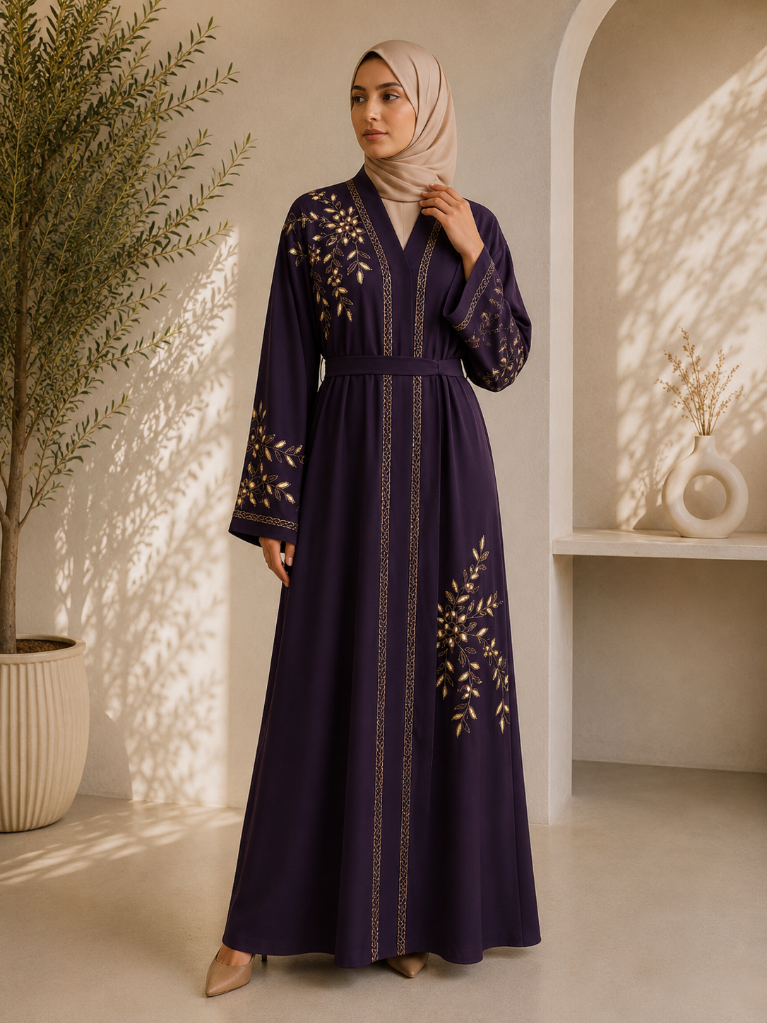 Purple Gold Botanical Embroidered Belted Abaya