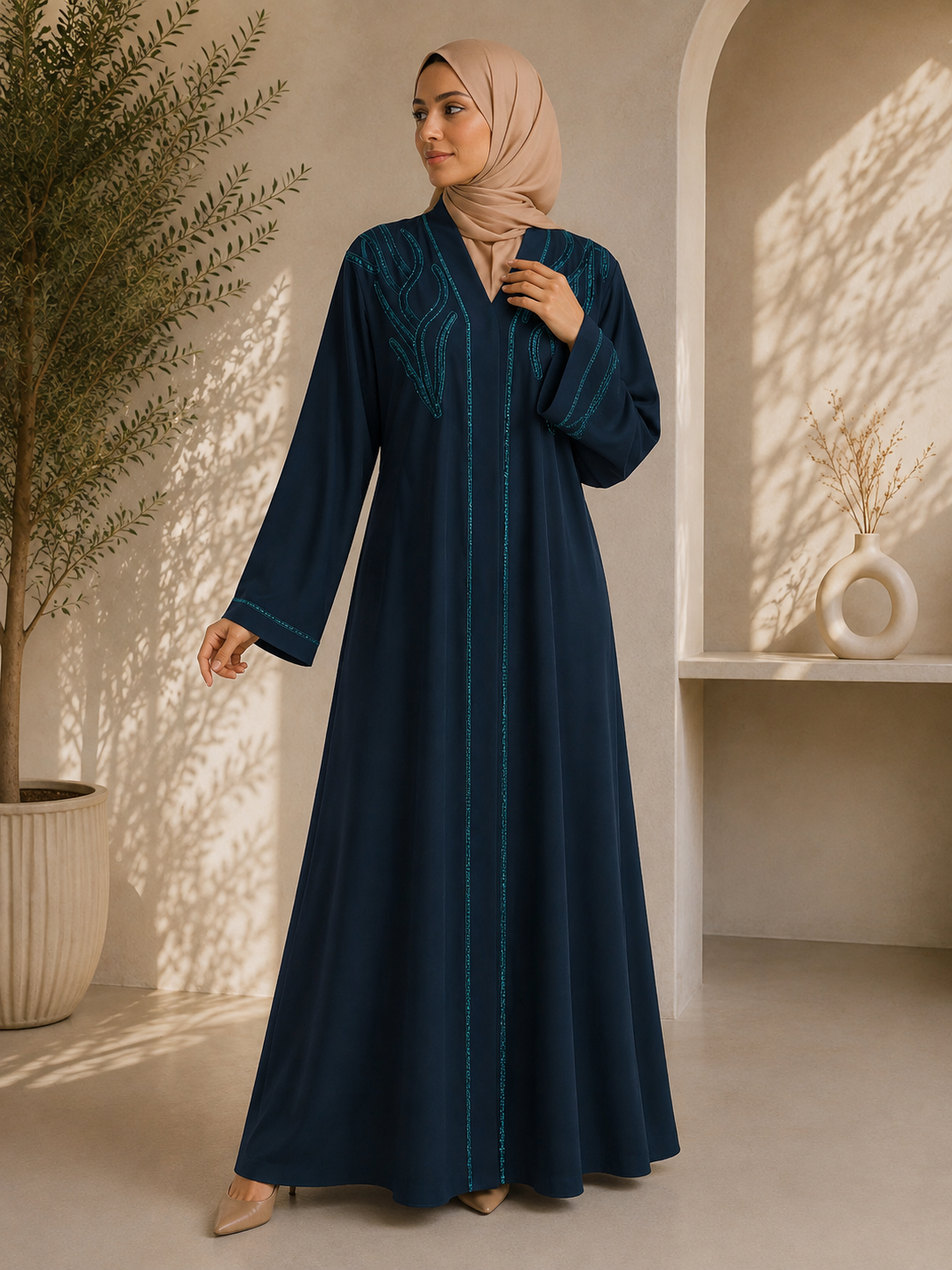Teal Grace Embroidered Abaya