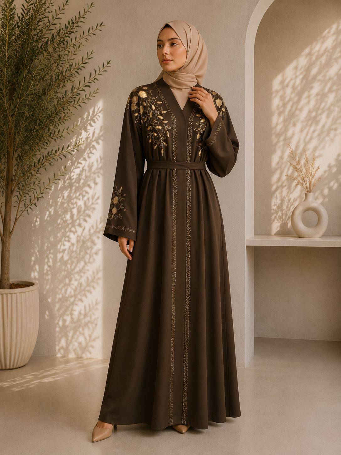 Brown Royal Embroidery Abaya