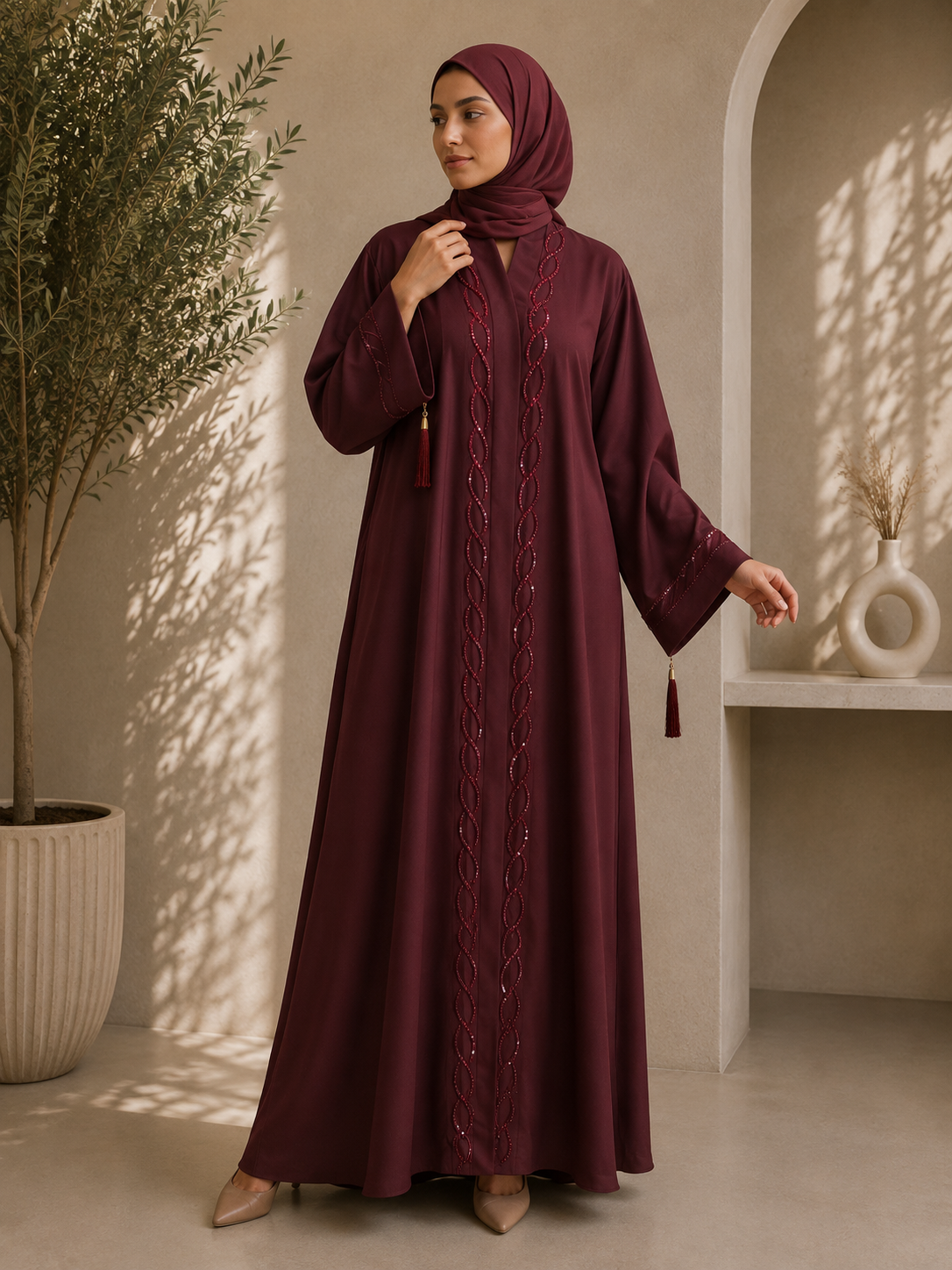 Burgundy Velvet Rose Hooded Abaya