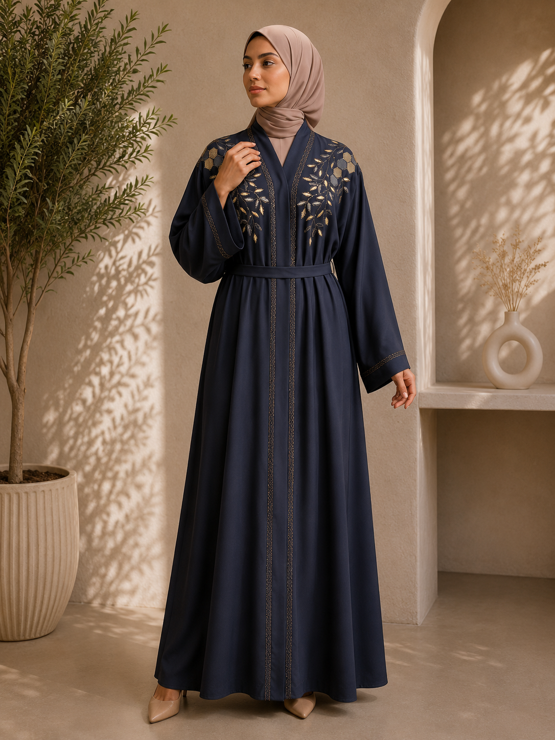 Midnight Jasmine Gold-Leaf Embroidered Abaya