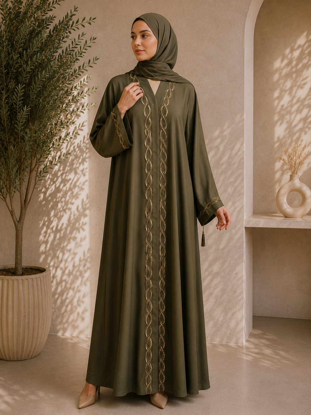 Antique Olive Majestic Heritage Embroidered Abaya