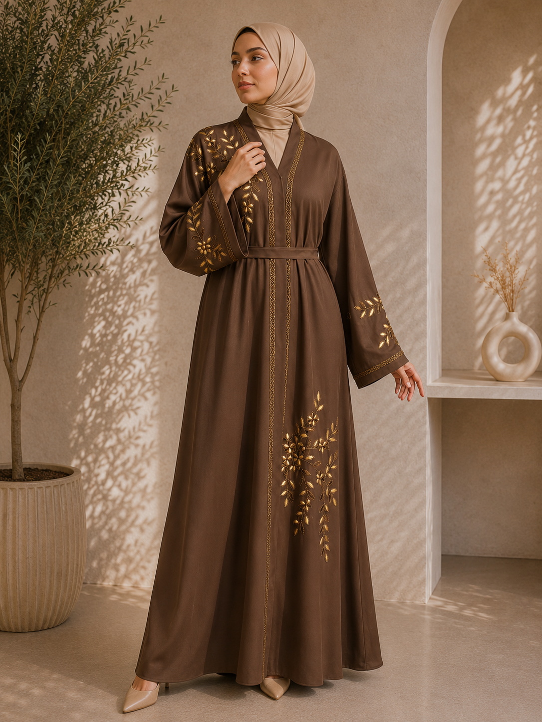 Chocolate Royale Golden Blossom Embroidered Luxury Abaya