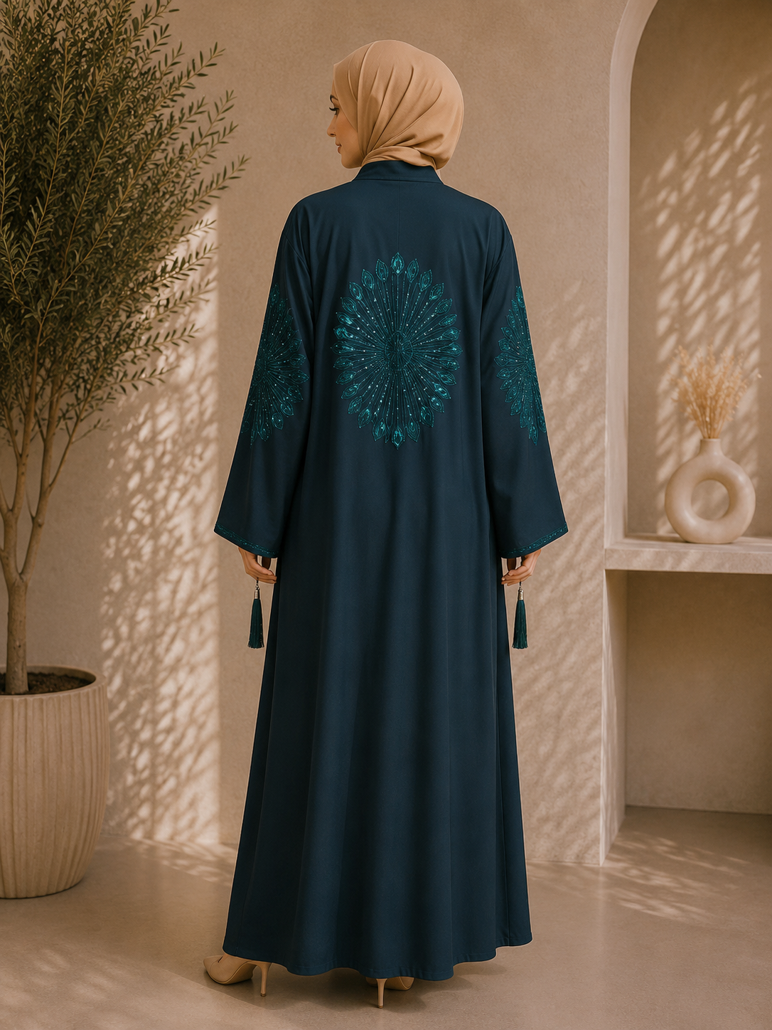 Oceanic Teal Crystal Bloom Embroidered Flowing Abaya