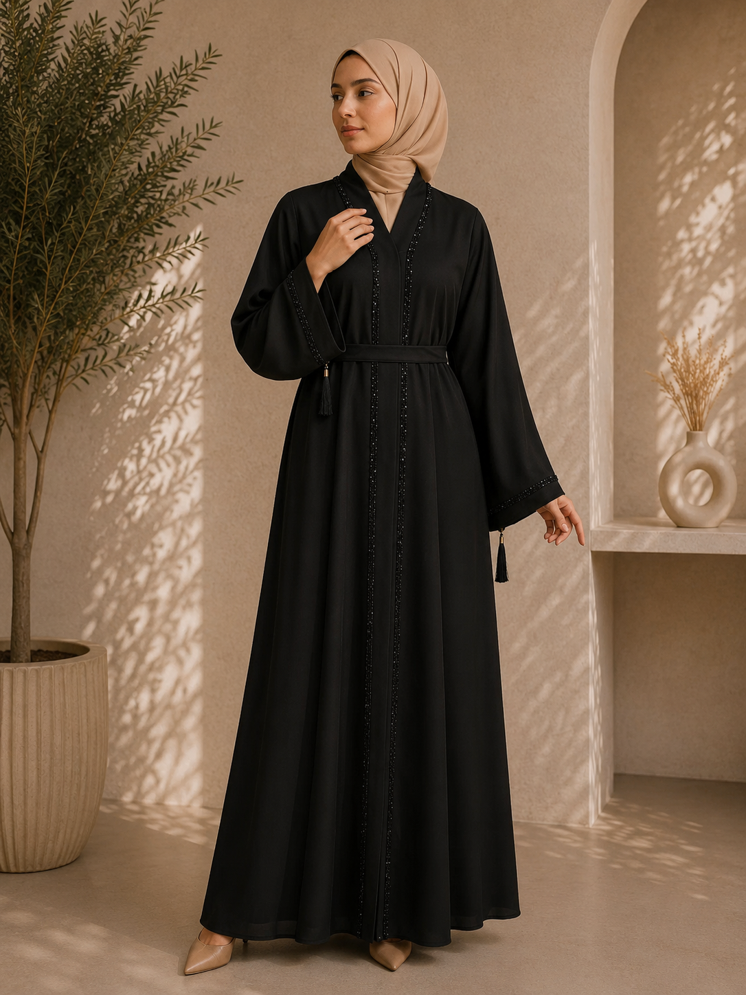 Black Majesty Signature Stitch Flowing Couture Abaya